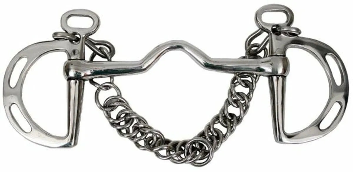 Showman ® stainless steel slotted kimberwick with 5" medium port mouth.