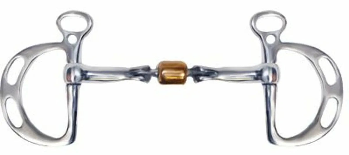 Showman Stainless Steel kimberwick style bit with D cheeks. Stainless Steel 5" mouth piece with copper roller.