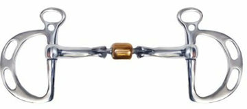 Showman Stainless Steel kimberwick style bit with D cheeks. Stainless Steel 5" mouth piece with copper roller.